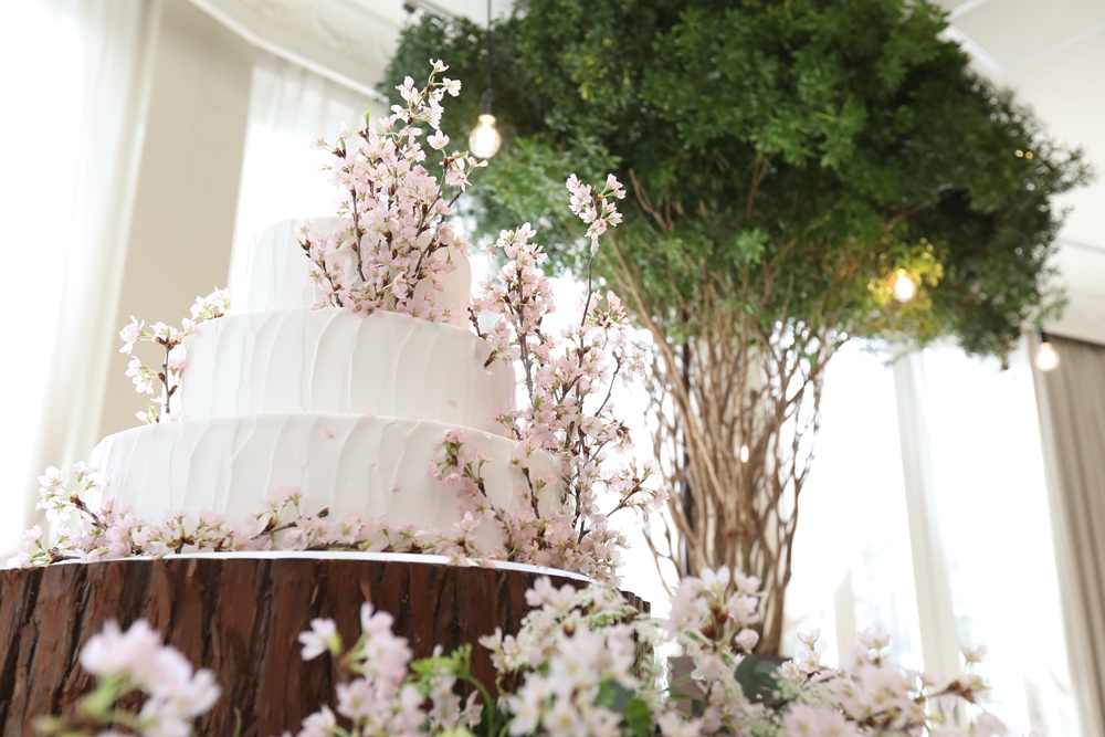 鮮やかなグリーンのツリーをバックに桜のケーキ ニュース ブログ 公式 ヴィラ アンジェリカ 滋賀 近江八幡の結婚式場
