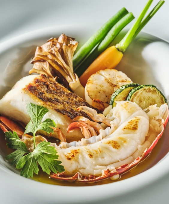 魚介と野菜が美しく盛り付けられた彩り豊かなメインディッシュ