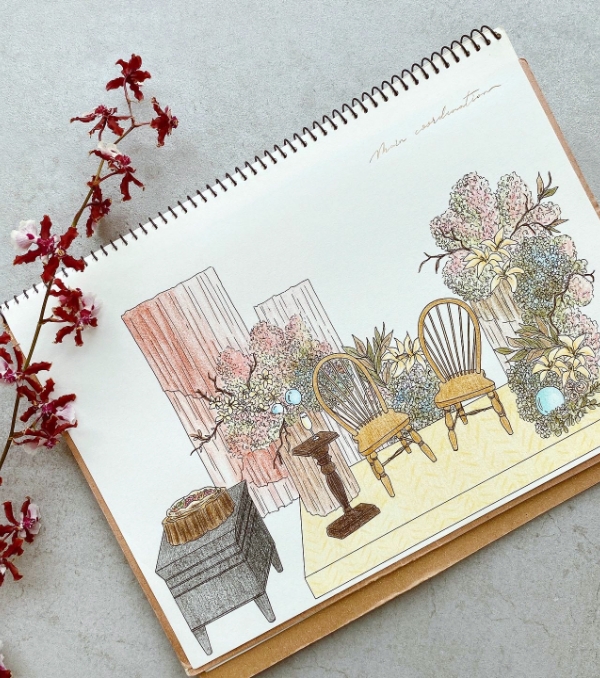 結婚式の装飾プランを描いたスケッチブックのページ